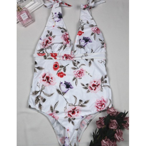 Sexy White Flower Pattern Decorated One-piece Swimwear 