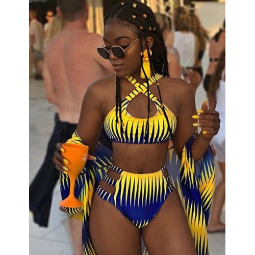 Sexy Yellow Stripe Pattern Design High Waist SwimwearNo.:F224895(0) Write a review